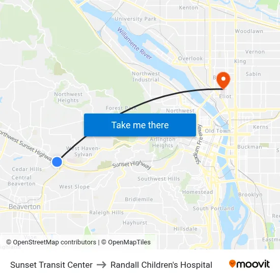 Sunset Transit Center to Randall Children's Hospital map