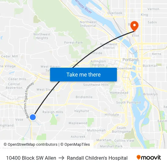 10400 Block SW Allen to Randall Children's Hospital map