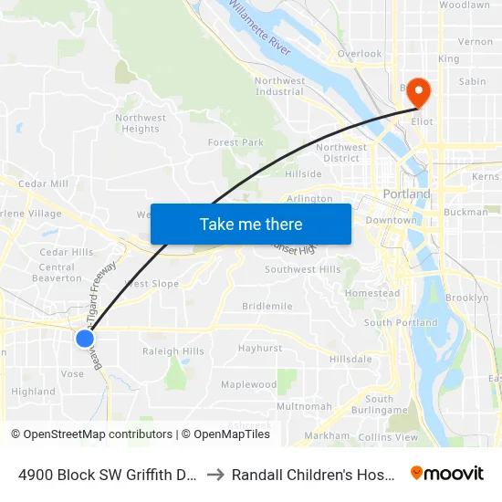 4900 Block SW Griffith Drive to Randall Children's Hospital map