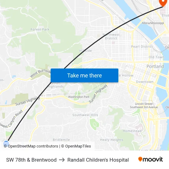 SW 78th & Brentwood to Randall Children's Hospital map