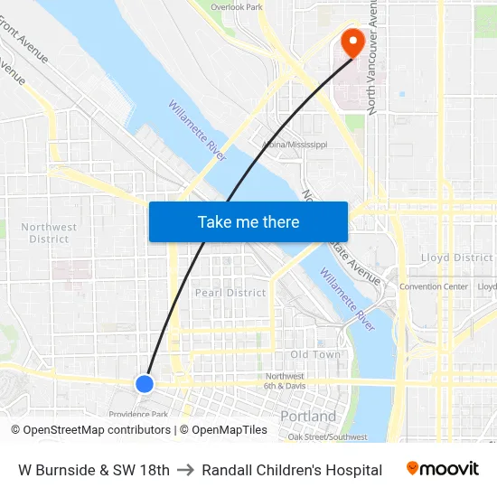 W Burnside & SW 18th to Randall Children's Hospital map