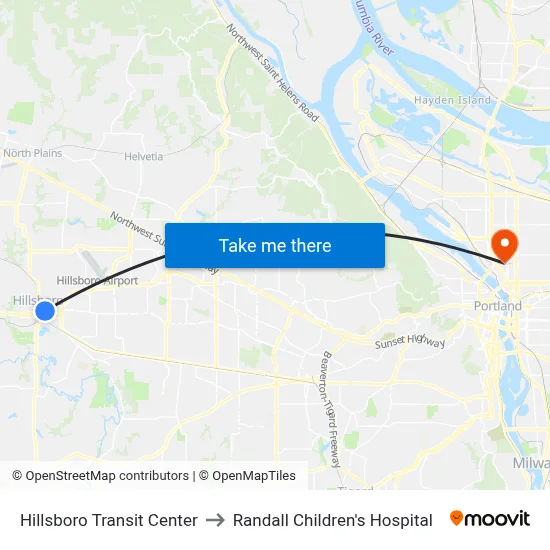 Hillsboro Transit Center to Randall Children's Hospital map