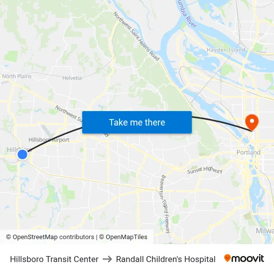 Hillsboro Transit Center to Randall Children's Hospital map