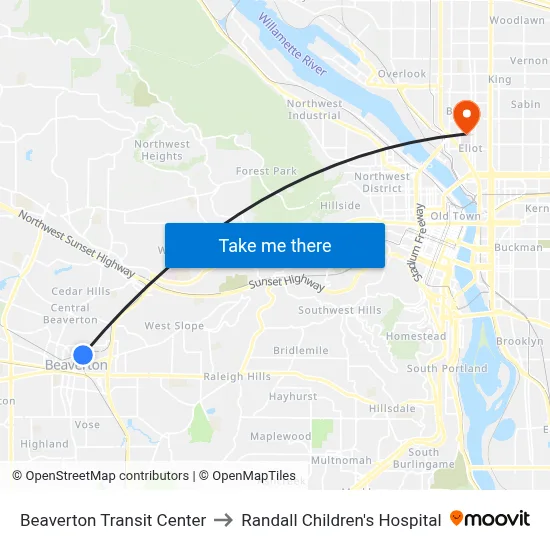 Beaverton Transit Center to Randall Children's Hospital map