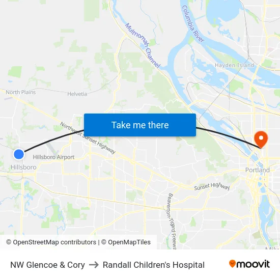 NW Glencoe & Cory to Randall Children's Hospital map