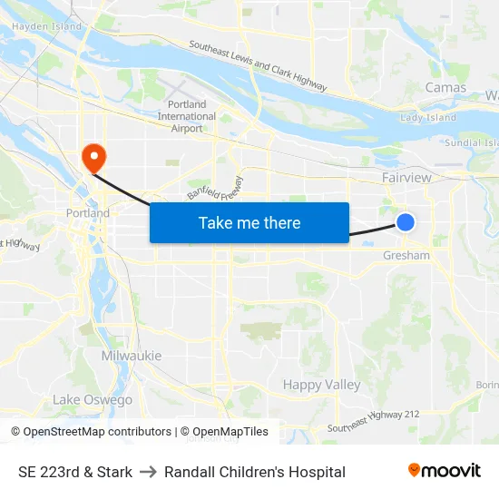 SE 223rd & Stark to Randall Children's Hospital map