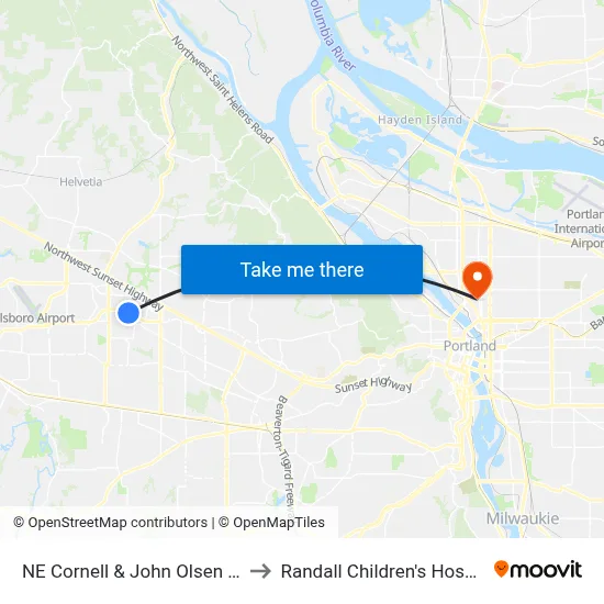 NE Cornell & John Olsen Ave to Randall Children's Hospital map