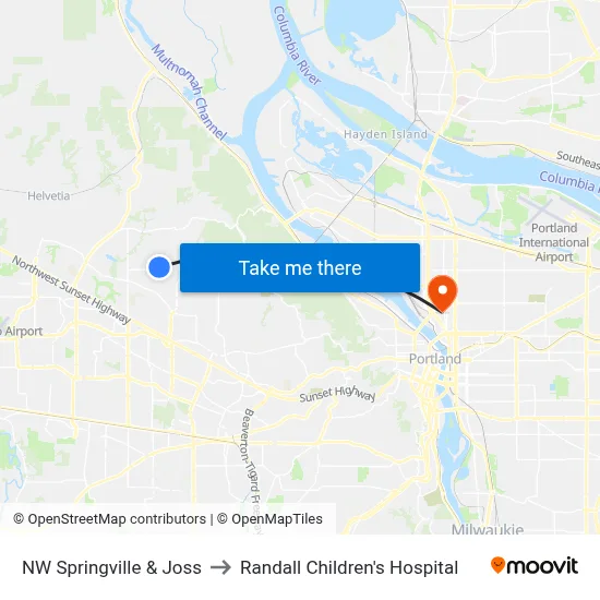 NW Springville & Joss to Randall Children's Hospital map