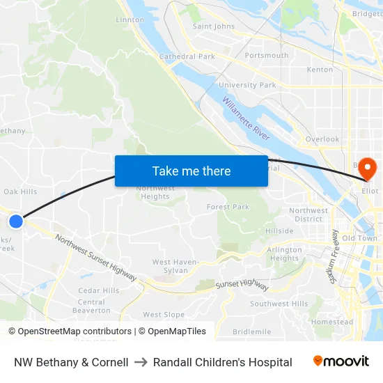 NW Bethany & Cornell to Randall Children's Hospital map