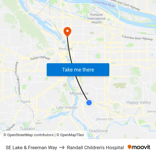 SE Lake & Freeman Way to Randall Children's Hospital map