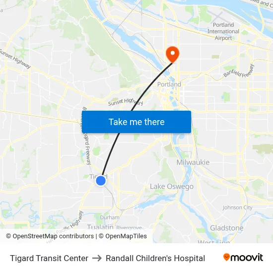 Tigard Transit Center to Randall Children's Hospital map