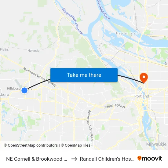 NE Cornell & Brookwood Pkwy to Randall Children's Hospital map