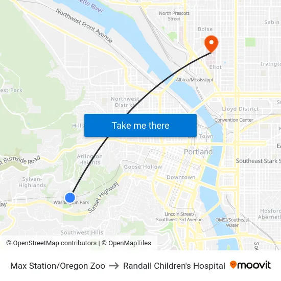 Max Station/Oregon Zoo to Randall Children's Hospital map