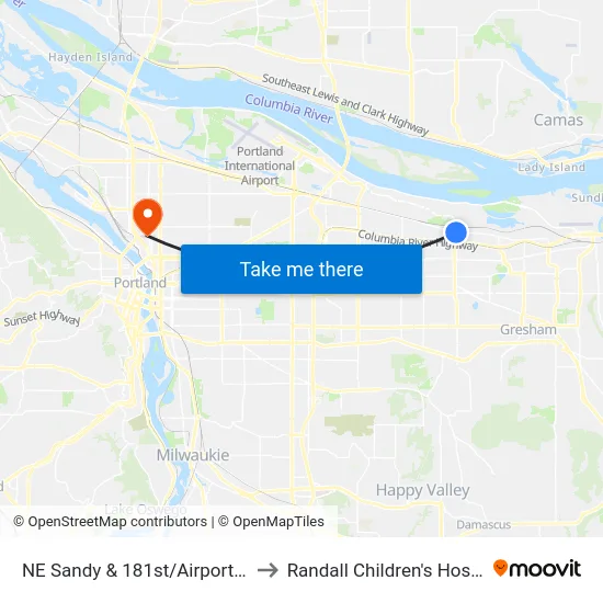 NE Sandy & 181st/Airport Way to Randall Children's Hospital map