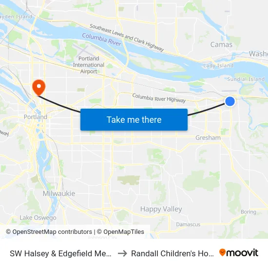 SW Halsey & Edgefield Meadows to Randall Children's Hospital map