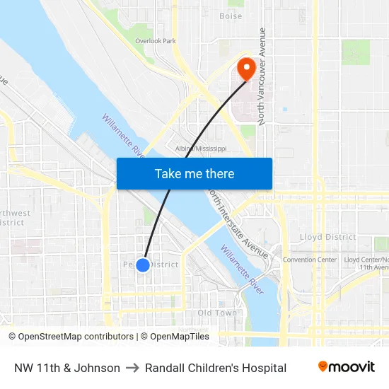 NW 11th & Johnson to Randall Children's Hospital map