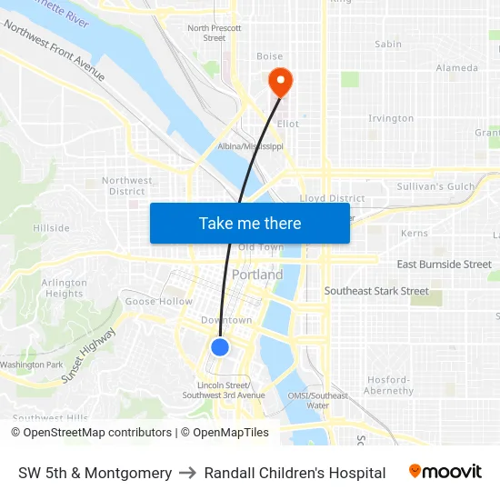 SW 5th & Montgomery to Randall Children's Hospital map