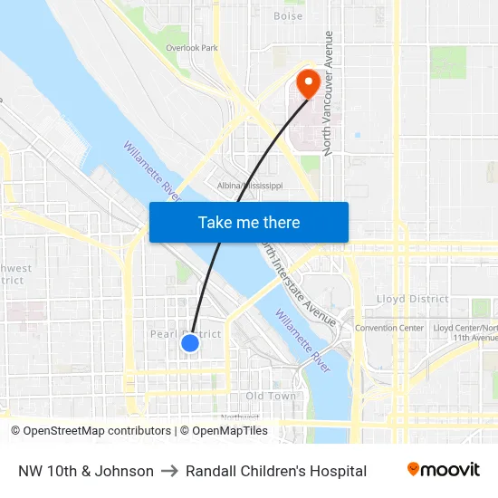 NW 10th & Johnson to Randall Children's Hospital map