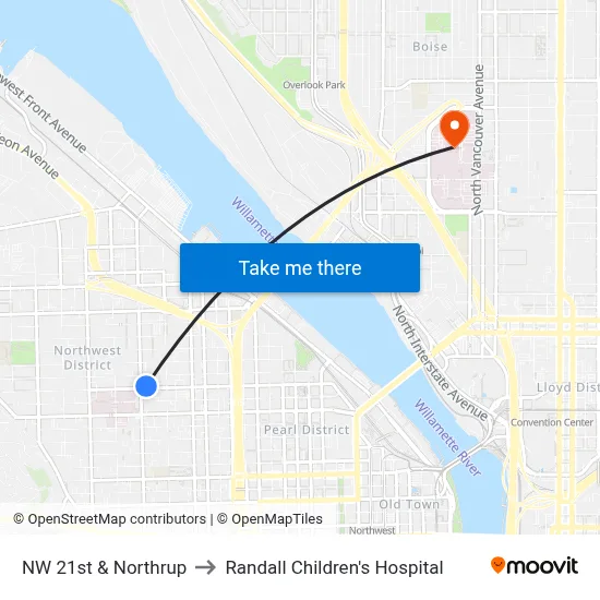 NW 21st & Northrup to Randall Children's Hospital map