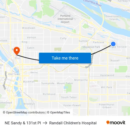 NE Sandy & 131st Pl to Randall Children's Hospital map