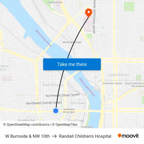 W Burnside & NW 10th to Randall Children's Hospital map