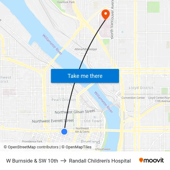 W Burnside & SW 10th to Randall Children's Hospital map