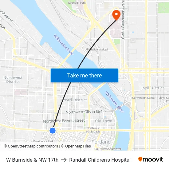 W Burnside & NW 17th to Randall Children's Hospital map