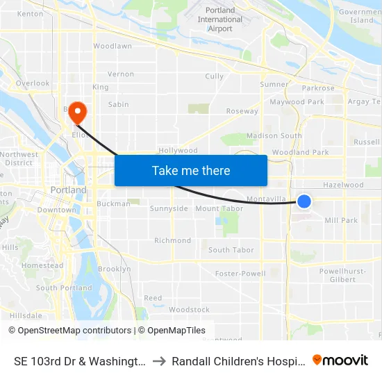 SE 103rd Dr & Washington to Randall Children's Hospital map