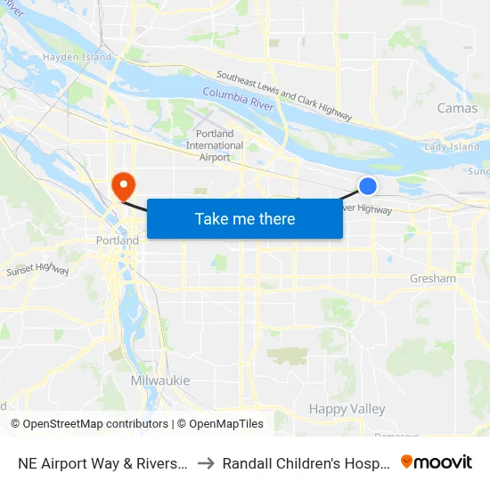 NE Airport Way & Riverside to Randall Children's Hospital map