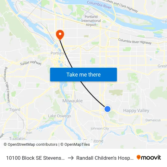 10100 Block SE Stevens Rd to Randall Children's Hospital map