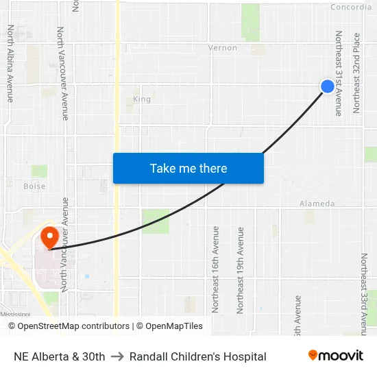 NE Alberta & 30th to Randall Children's Hospital map