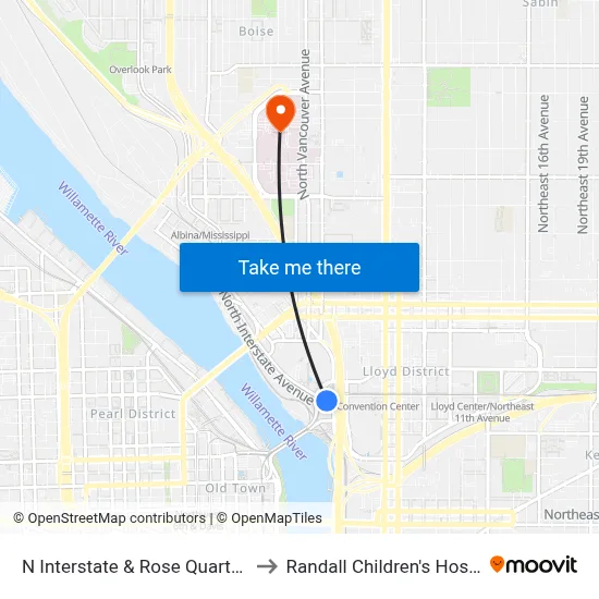 N Interstate & Rose Quarter TC to Randall Children's Hospital map