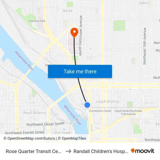 Rose Quarter Transit Center to Randall Children's Hospital map