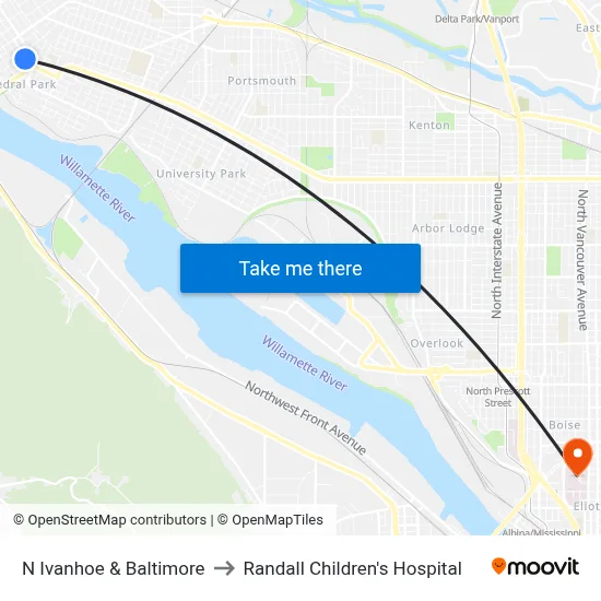 N Ivanhoe & Baltimore to Randall Children's Hospital map