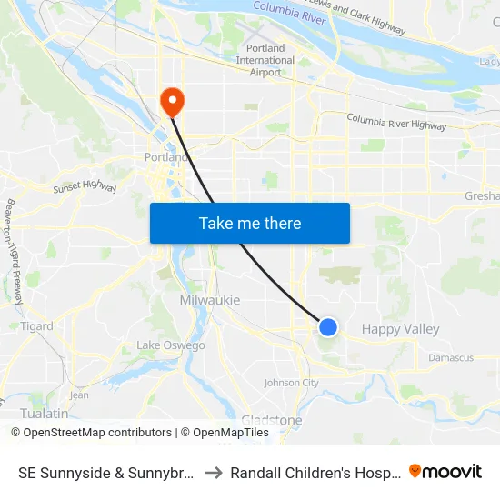 SE Sunnyside & Sunnybrook to Randall Children's Hospital map