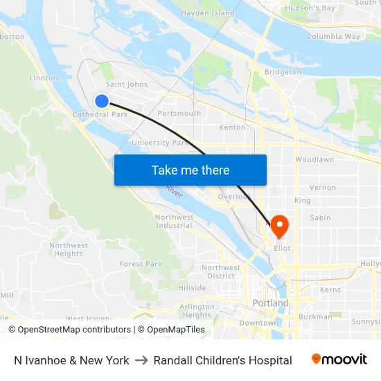 N Ivanhoe & New York to Randall Children's Hospital map