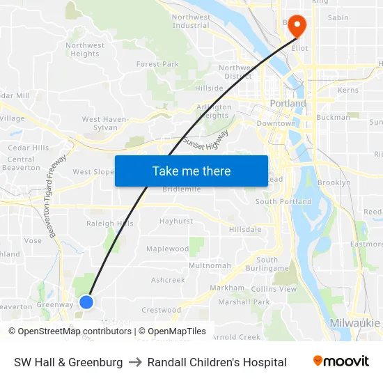SW Hall & Greenburg to Randall Children's Hospital map