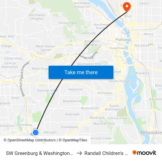 SW Greenburg & Washington Square Rd to Randall Children's Hospital map