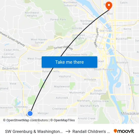 SW Greenburg & Washington Square Rd to Randall Children's Hospital map