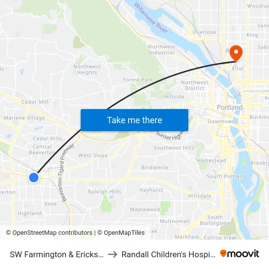 SW Farmington & Erickson to Randall Children's Hospital map