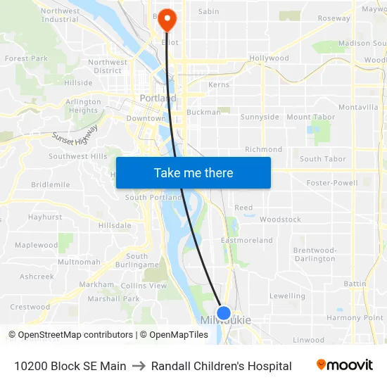 10200 Block SE Main to Randall Children's Hospital map