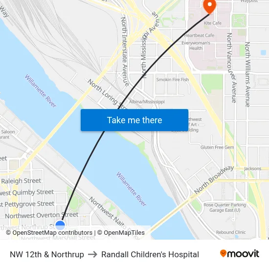 NW 12th & Northrup to Randall Children's Hospital map