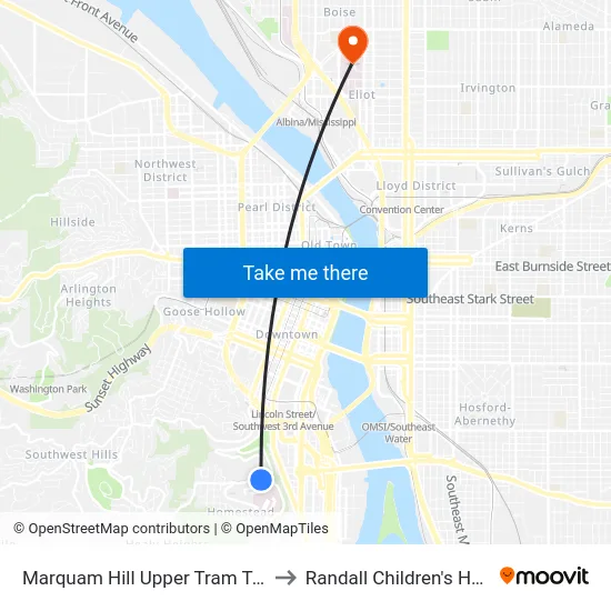 Marquam Hill Upper Tram Terminal to Randall Children's Hospital map
