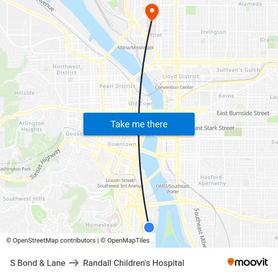S Bond & Lane to Randall Children's Hospital map