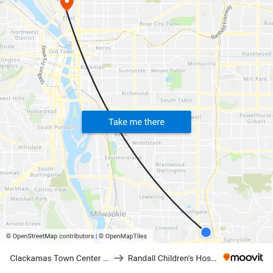 Clackamas Town Center Mall to Randall Children's Hospital map
