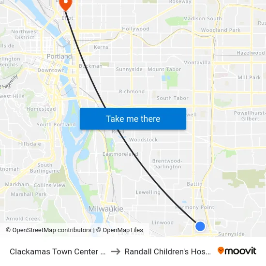 Clackamas Town Center Mall to Randall Children's Hospital map