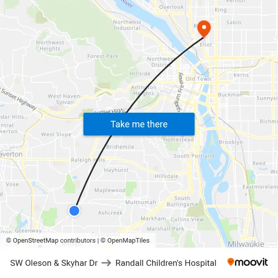 SW Oleson & Skyhar Dr to Randall Children's Hospital map