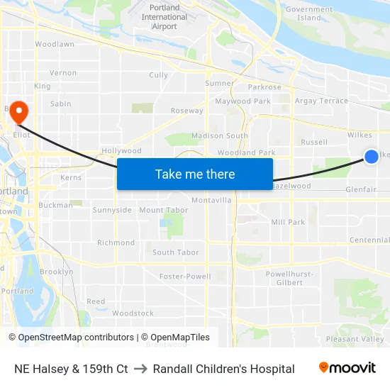 NE Halsey & 159th Ct to Randall Children's Hospital map