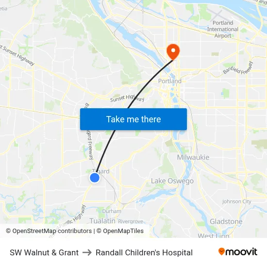 SW Walnut & Grant to Randall Children's Hospital map