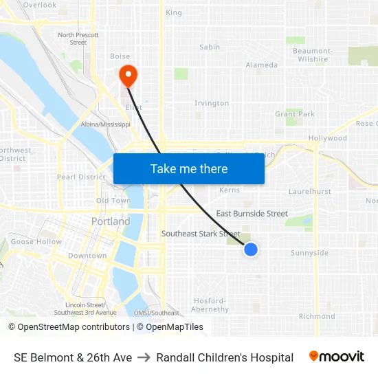 SE Belmont & 26th Ave to Randall Children's Hospital map